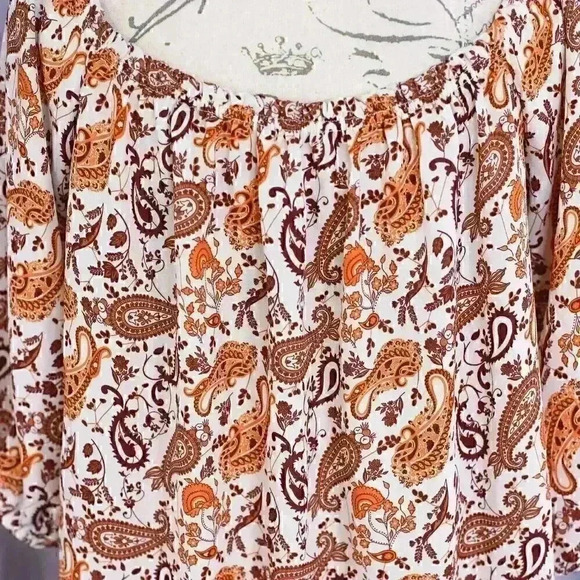Stella Tweed XL paisly print brown/orange/tan tie front pullover shirt - Picture 10 of 14